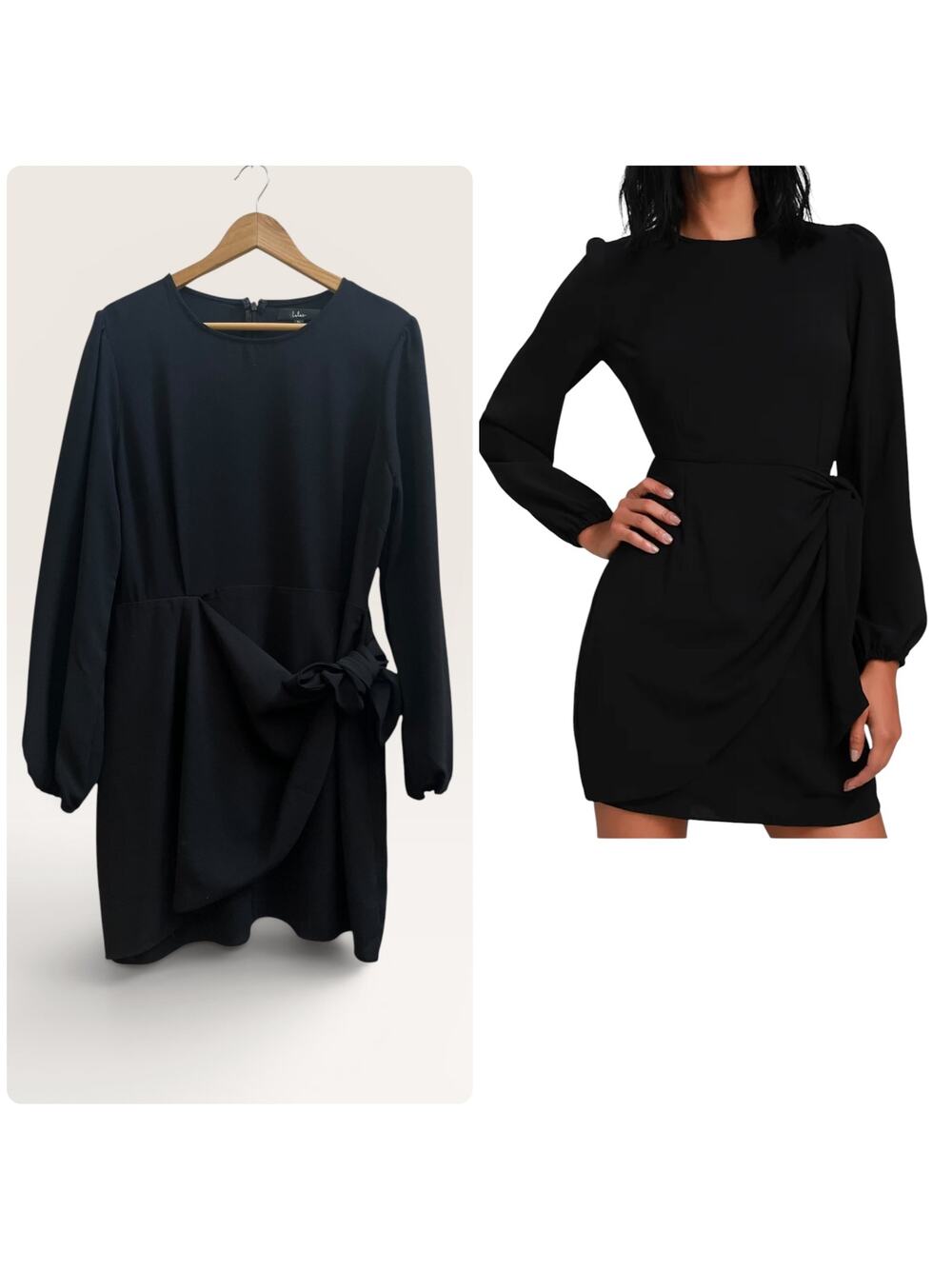 Lulus Believe It or Knot Black Long Sleeve Tie-Front Lined Mini Dress XL